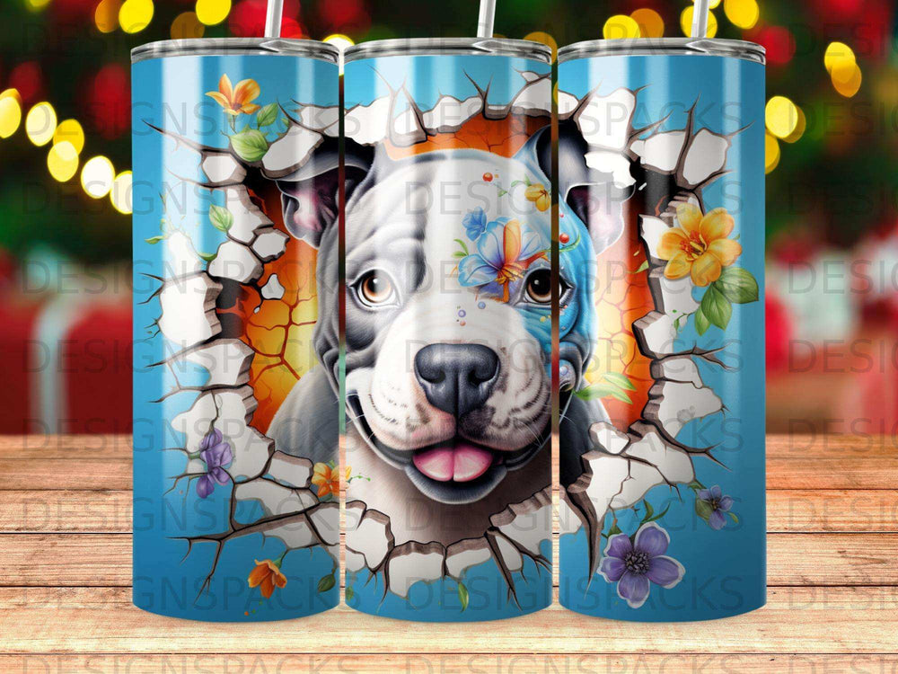 Pit bull face bursting through a cracked blue background with flowers.