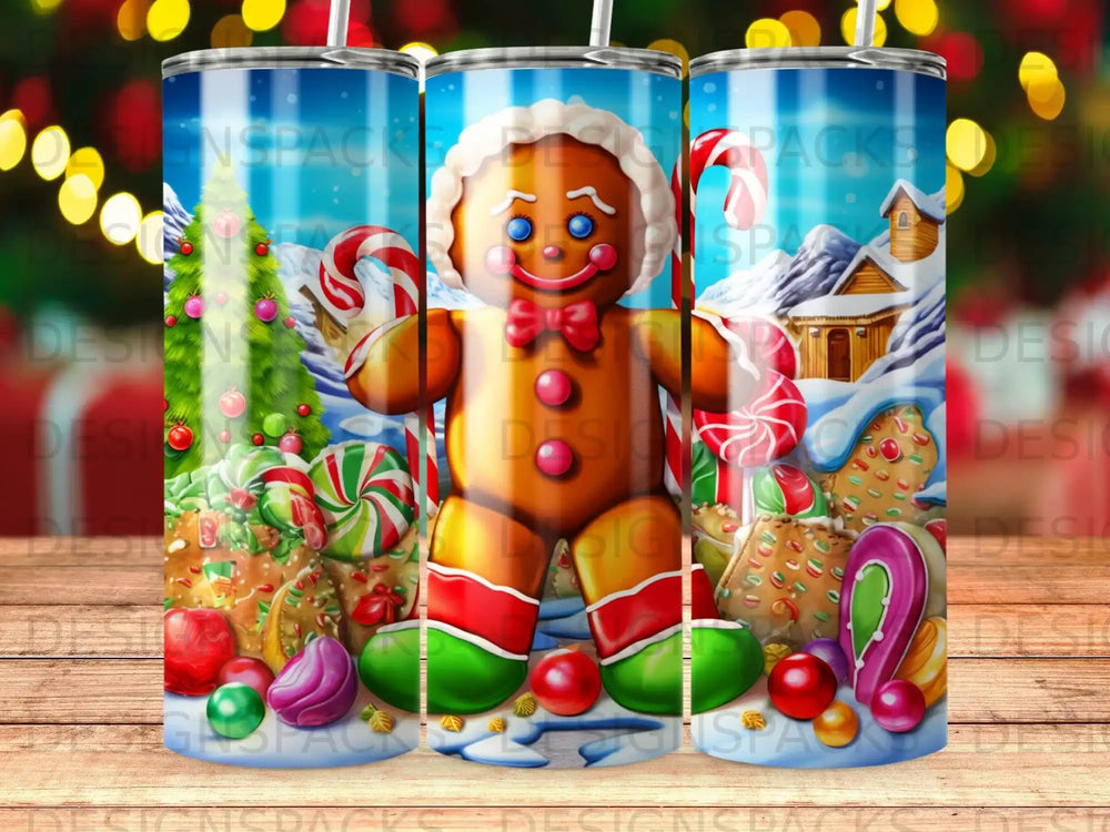 Gingerbread man with candy canes, Christmas cookies, and snow-covered house.