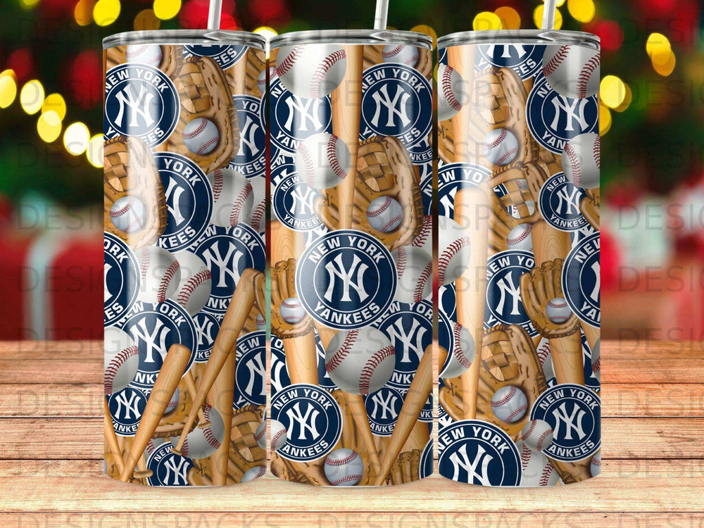 New York Yankees baseball pattern on a tumbler with glowing lights.