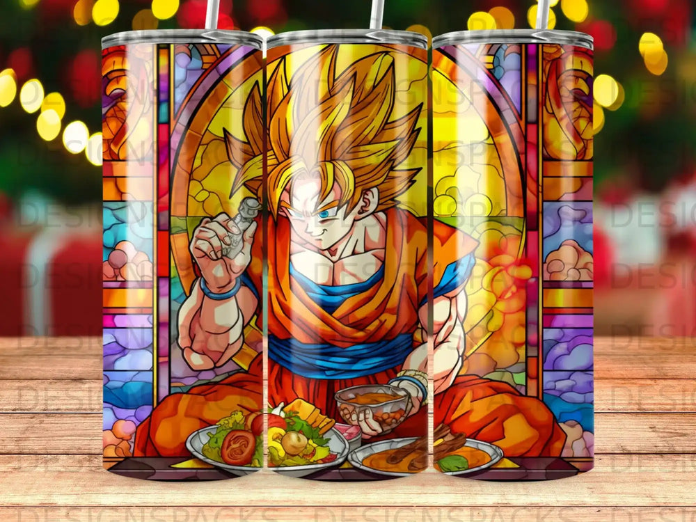 Goku eating a meal in a stained-glass window style.