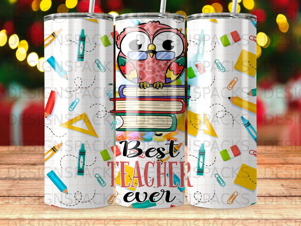 Owl wearing glasses sitting on stacked books with "Best Teacher Ever" text.