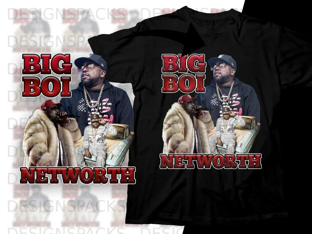 Black t-shirt with "Big Boi" and "Networth" text, featuring a rapper illustration.