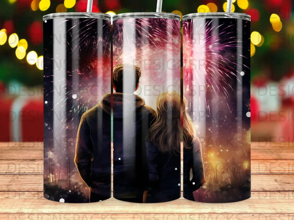 Couple watching fireworks from a dark foreground.