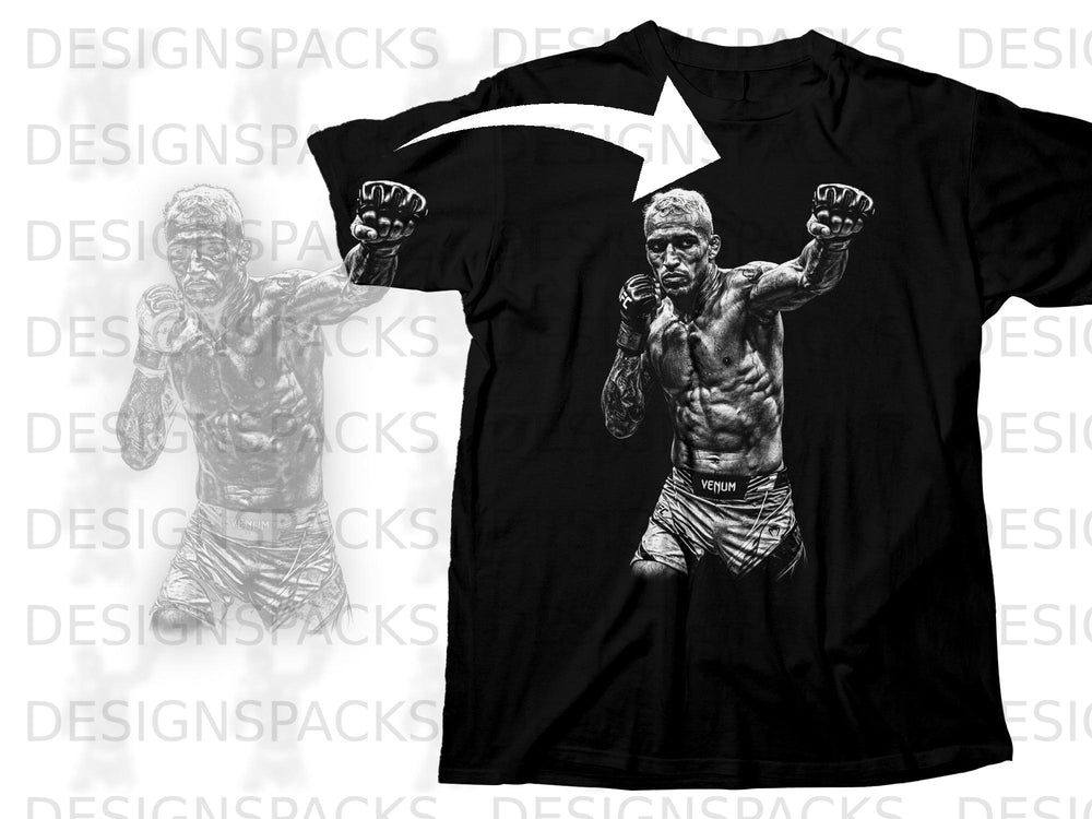 Black t-shirt with a graphic of a muscular fighter in fighting stance.