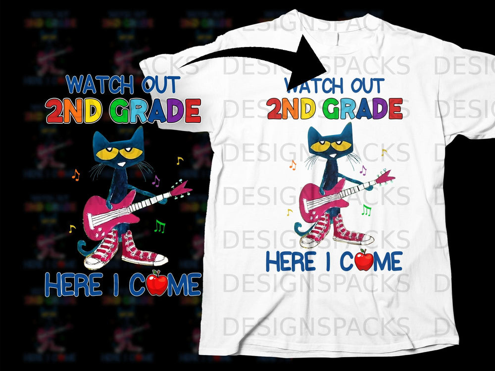 Pete the Cat plays guitar with text "Watch Out 2nd Grade Here I Come".
