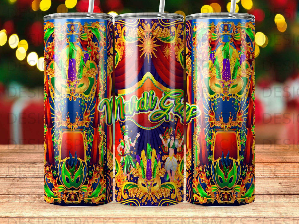 Mardi Gras carnival design tumbler with masks, dancers, and decorative borders.