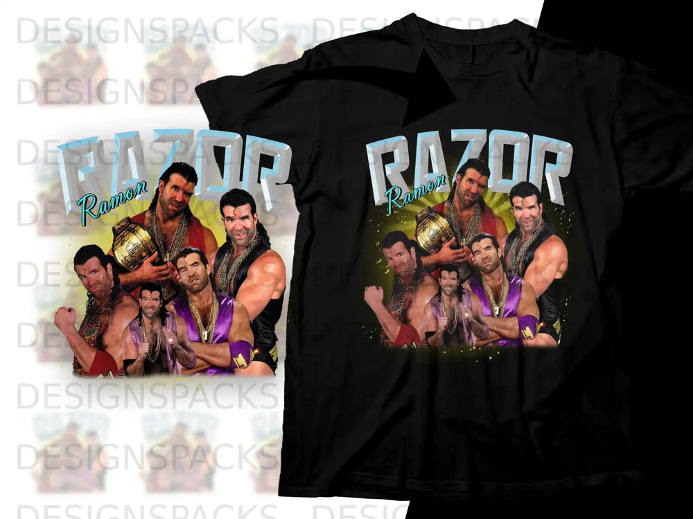 Scott Hall as Razor Ramon with wrestling belt on black t-shirt.