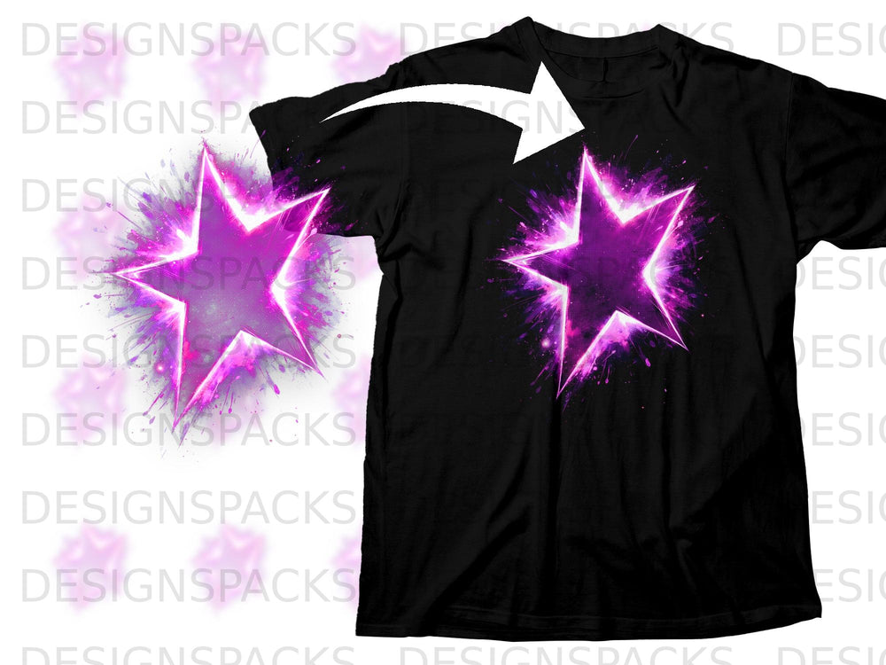 Black t-shirt with a vibrant purple starburst graphic on the chest.