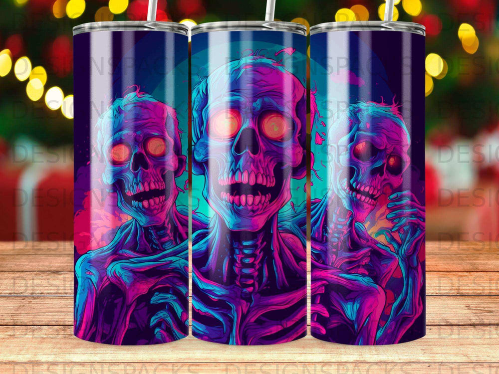 Three stylized skeletons with glowing red eyes, rendered in vibrant neon pinks and blues.