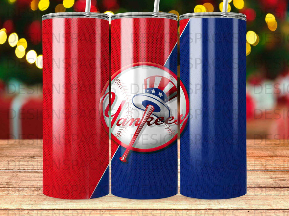New York Yankees logo on a red, white, and blue striped tumbler.