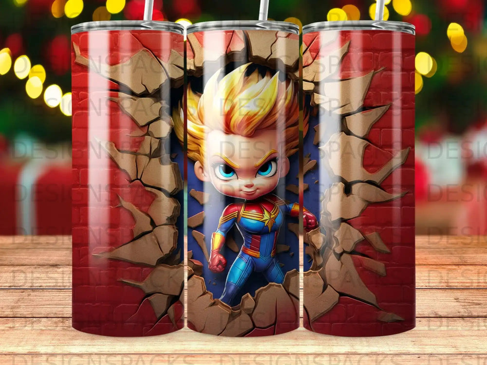 Captain Marvel bursts through a brick wall.