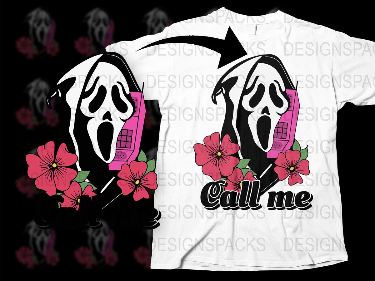 Scream Mask Floral T-shirt, Call Me Graphic Tee, Horror Pop Culture Apparel, Unisex Casual Wear
