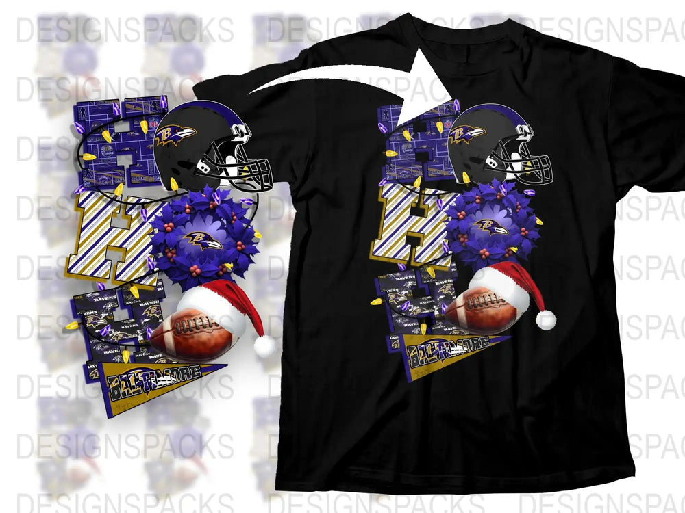 Baltimore Football Theme Holiday T-Shirt, Festive Sports Fan Apparel, Christmas Gift Idea, Graphic Tee with Helmet Design