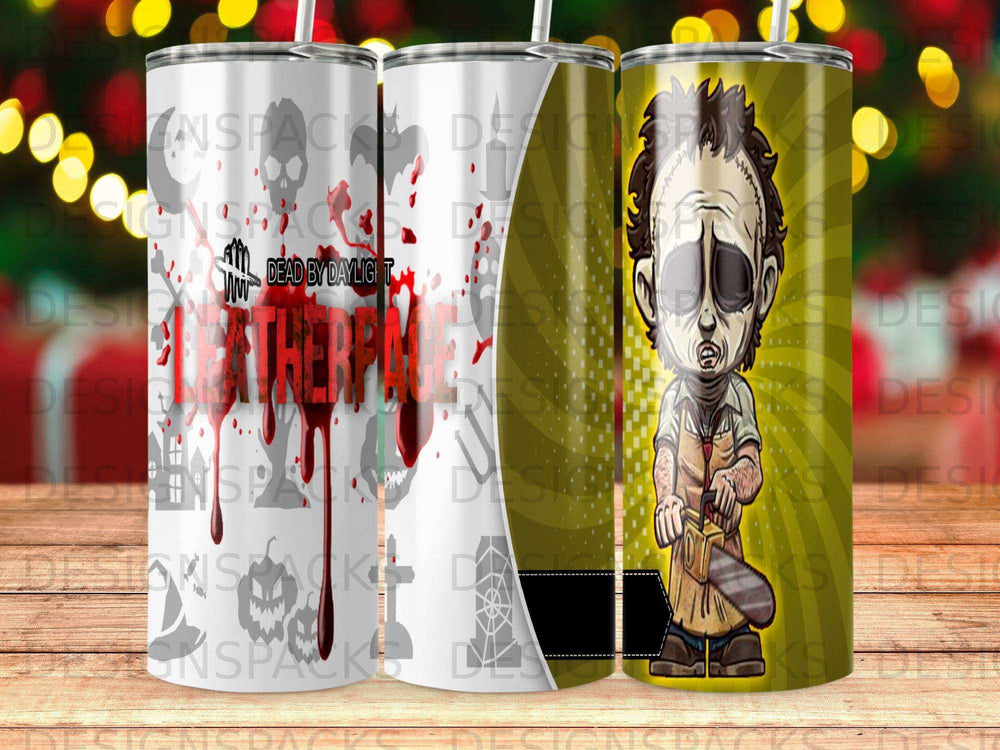 Leatherface from Texas Chainsaw Massacre holding chainsaw, white tumbler.