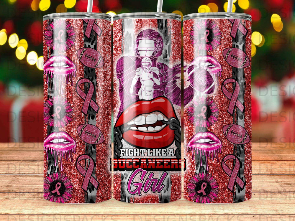 Glittery tumbler with football player, lips, and "Fight Like a Girl" text.