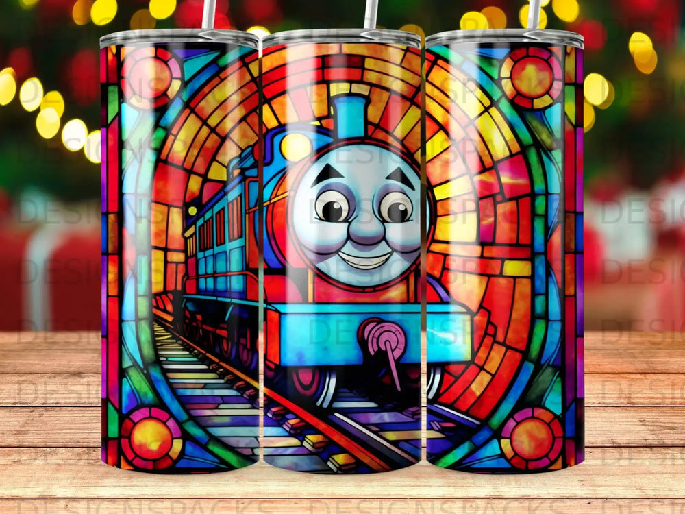 Thomas the Tank Engine depicted in stained glass on a tumbler.