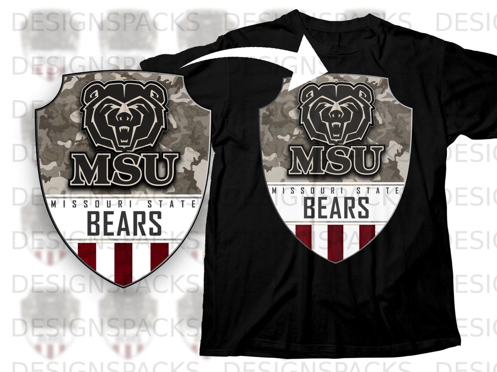 Black t-shirt featuring a shield logo with a bear, "MSU," and "BEARS" in camouflage.