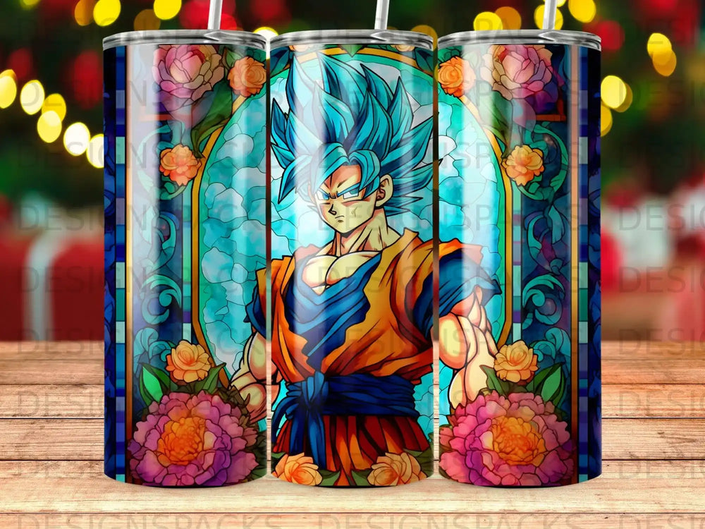 Goku in stained glass style with floral accents.