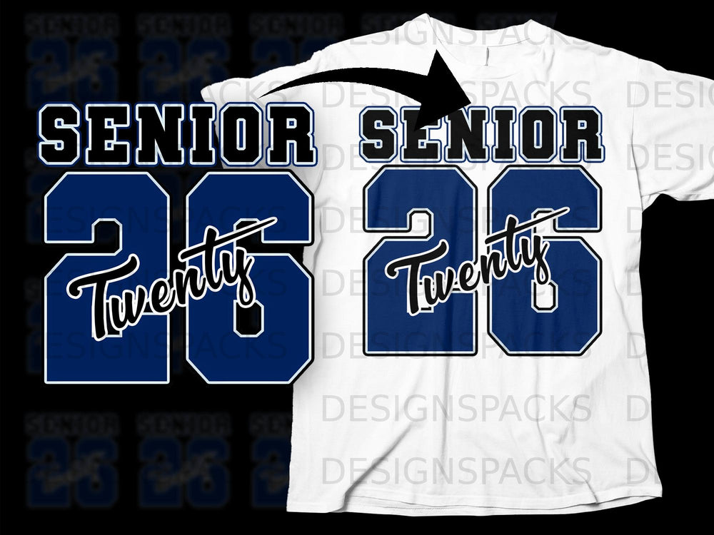 "Senior 26" text design in dark blue with white outline.