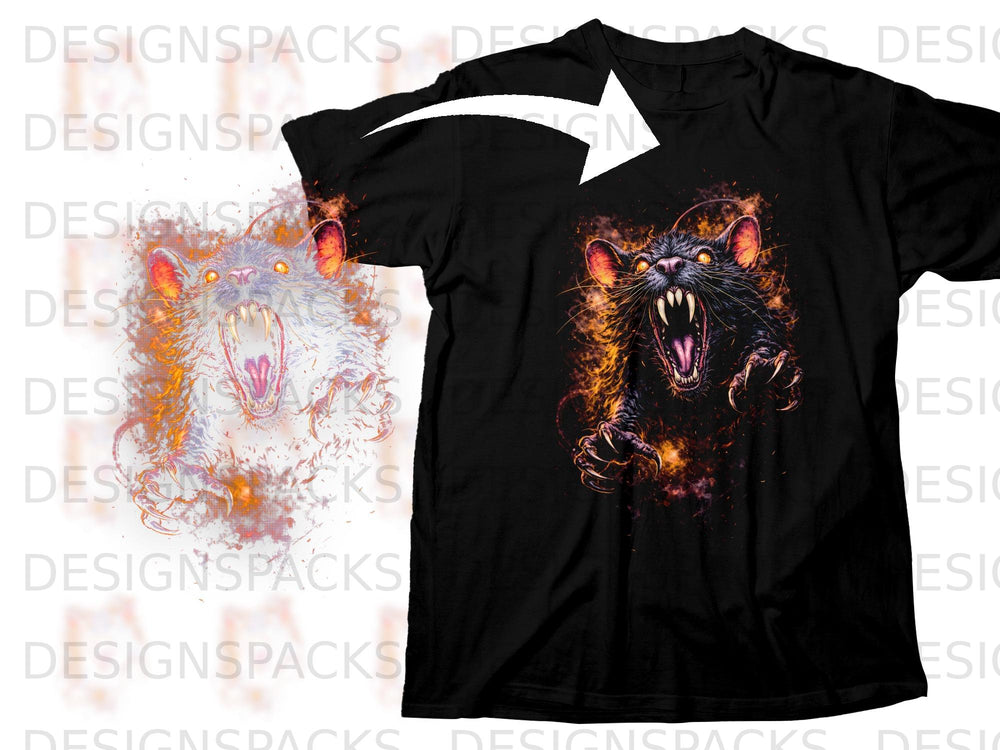 Black t-shirt with a roaring black wolf graphic surrounded by flames.