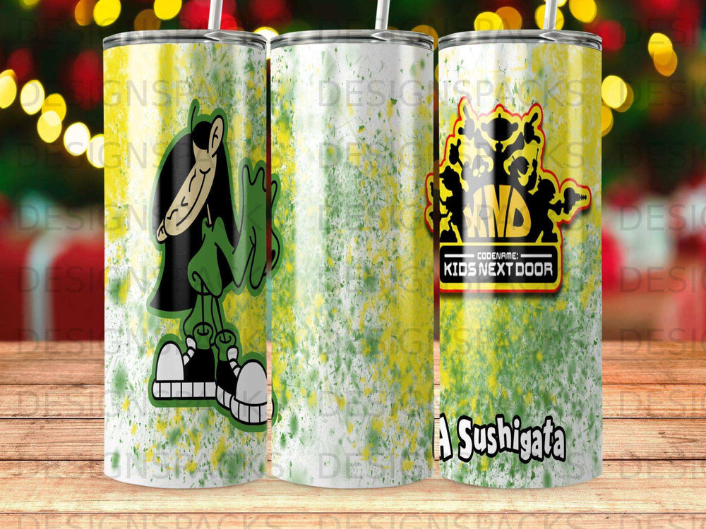 Kids Next Door tumbler with cartoon character and "A Sushigata" text.