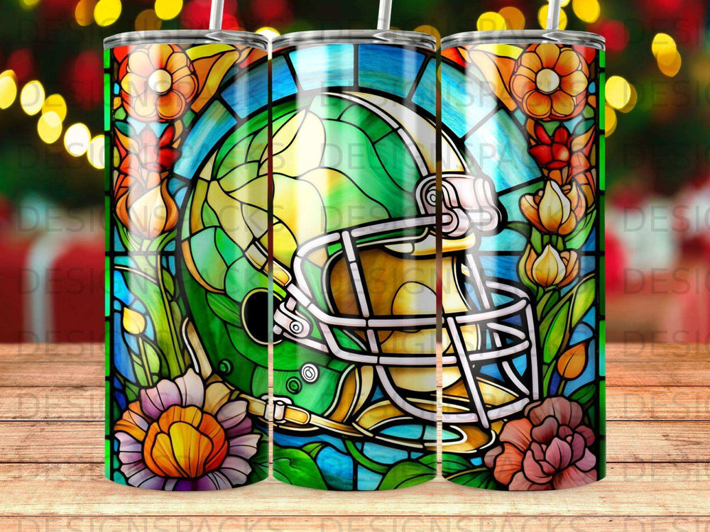 Green football helmet in stained glass with floral border.