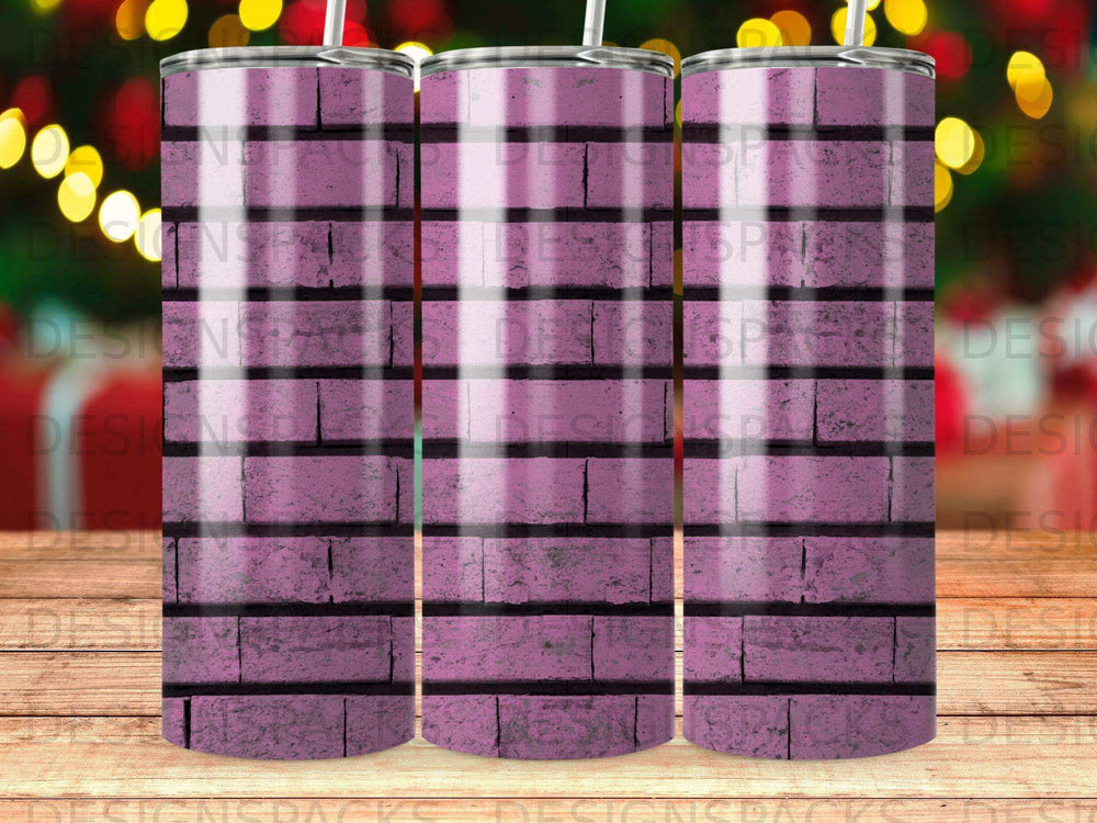 Three tumblers with a purple brick pattern and bokeh background.
