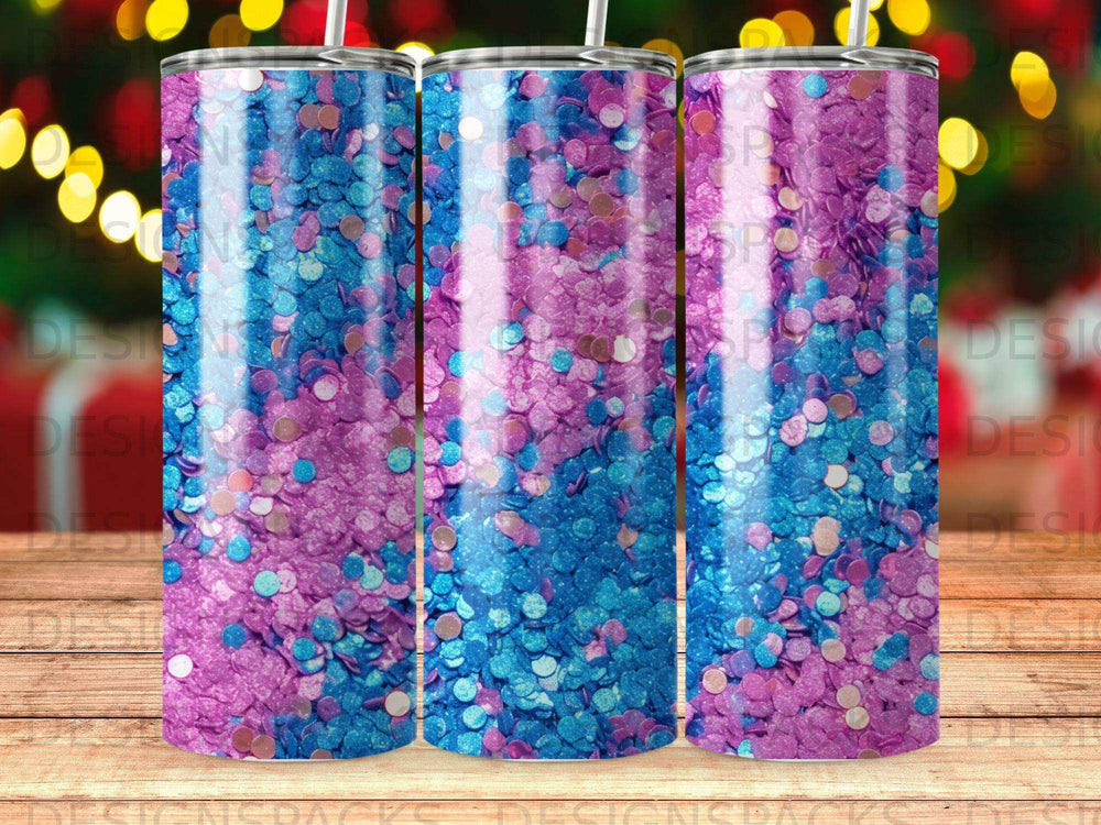 Glittery pink and blue confetti design on three tumblers.