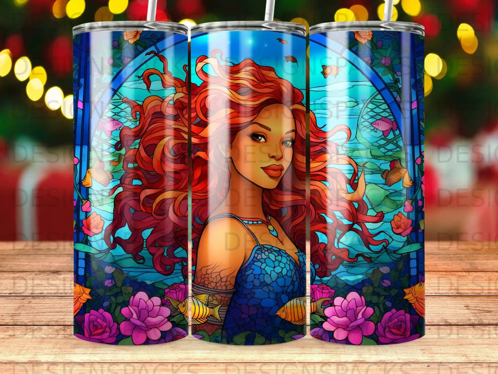 Mermaid with red hair and blue scales in stained glass style with fish and flowers.