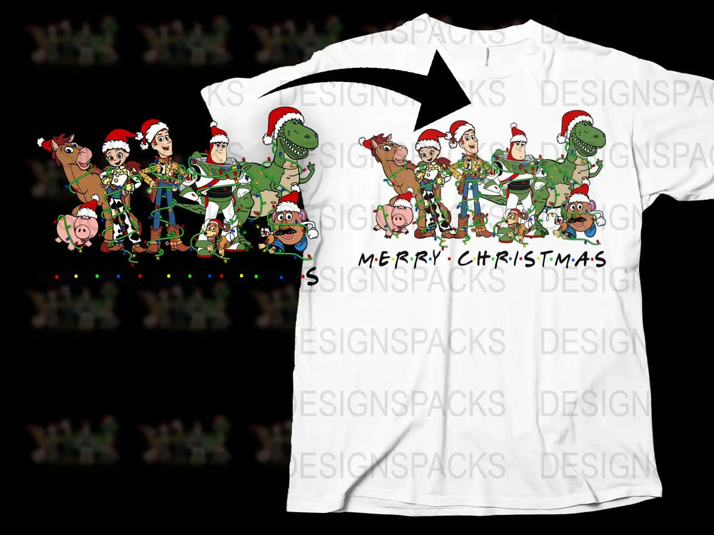 Festive Holiday T-Shirt with Cartoon Characters, Christmas Themed Family Apparel