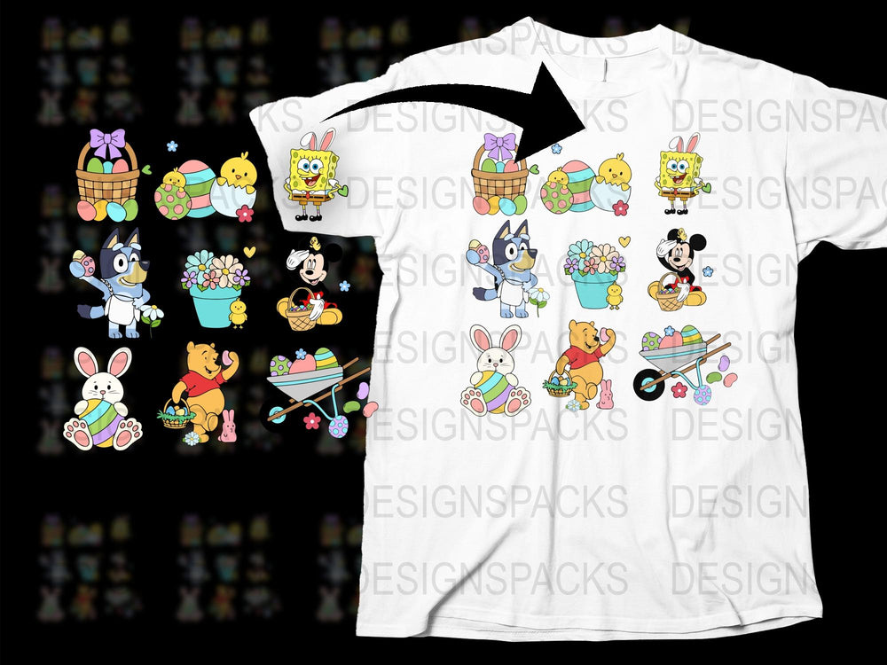 Easter T-Shirt with Cartoon Bunnies and Eggs, Cute Spring Festival Graphic Tee for Kids and Adults