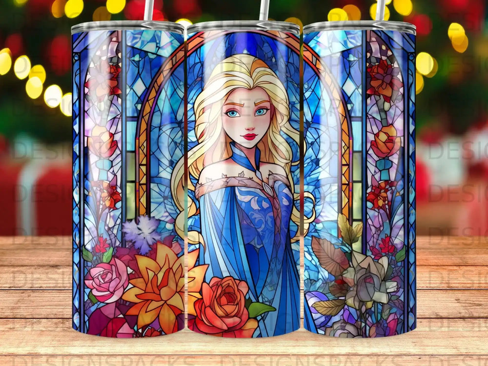 Elsa from Frozen with stained glass background and floral accents.