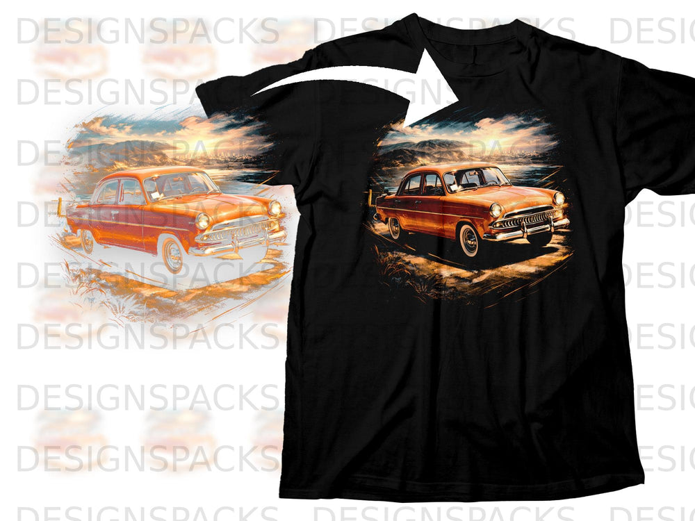 A black t-shirt printed with a vintage car design set against a sunset landscape.
