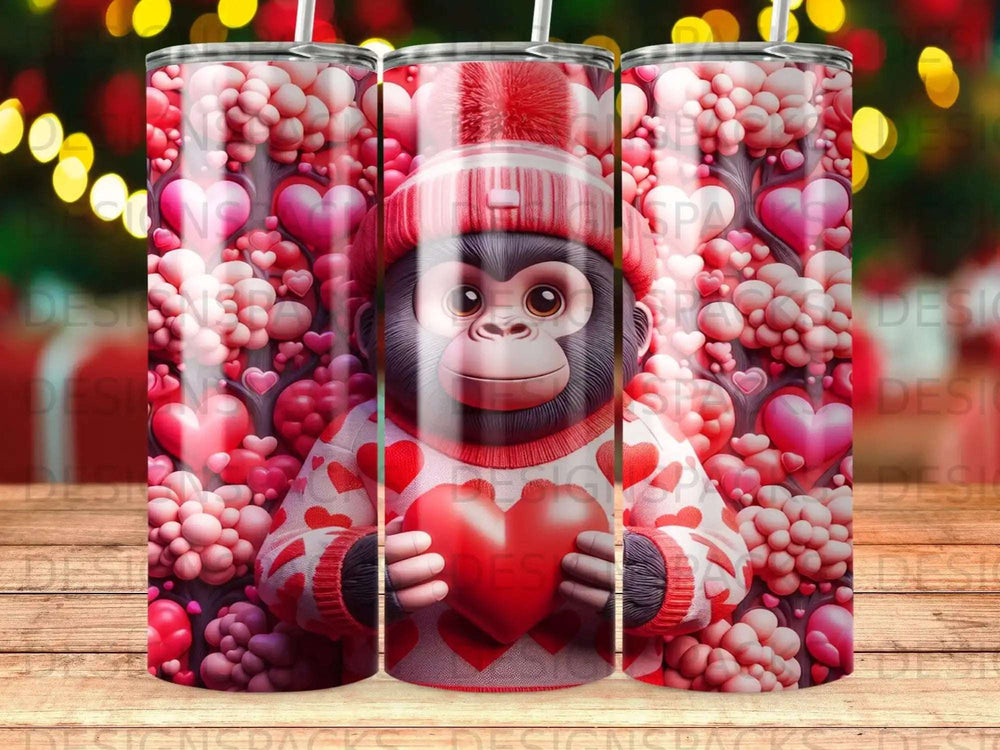 Monkey wearing a red hat and heart sweater holding a heart.