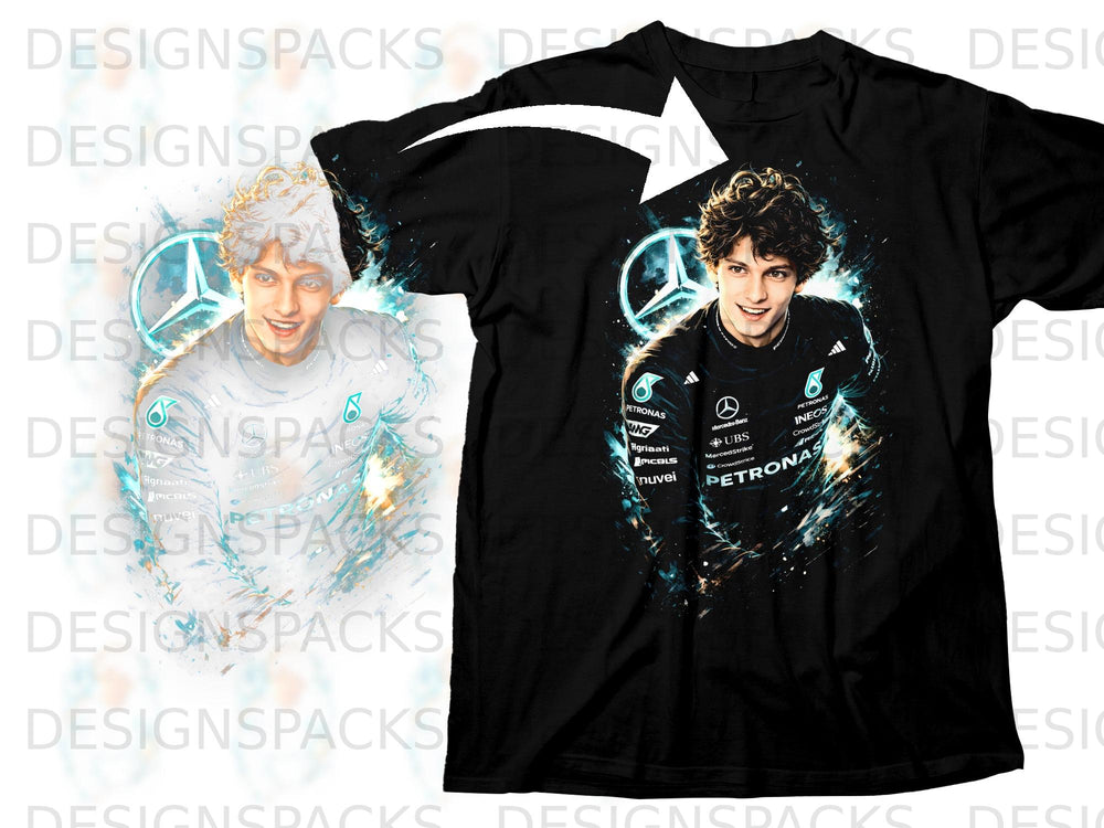 Black t-shirt with a graphic of a smiling man in a racing suit and logos.