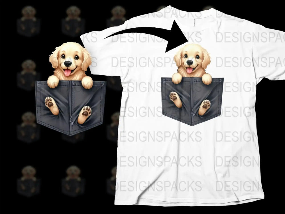 Cute Puppy Pocket T-Shirt, Adorable Golden Retriever Graphic Tee, Unisex Casual Dog Print Shirt