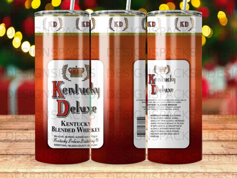 Kentucky Deluxe blended whiskey tumbler with prominent brand logo and text.