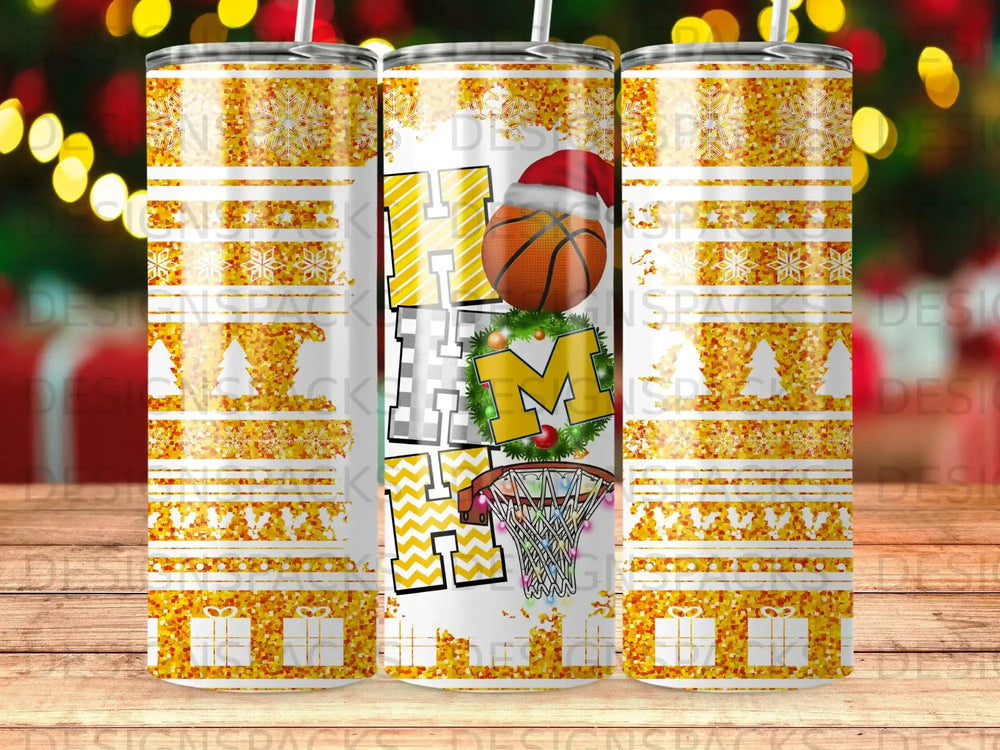 Basketball tumbler with gold glitter and snowflake pattern.