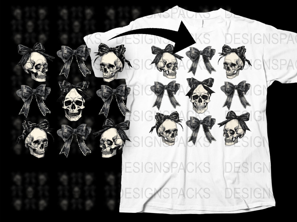 Gothic Skull T-Shirt with Bows, Black and White Horror Graphic Tee, Unisex Punk Style Shirt