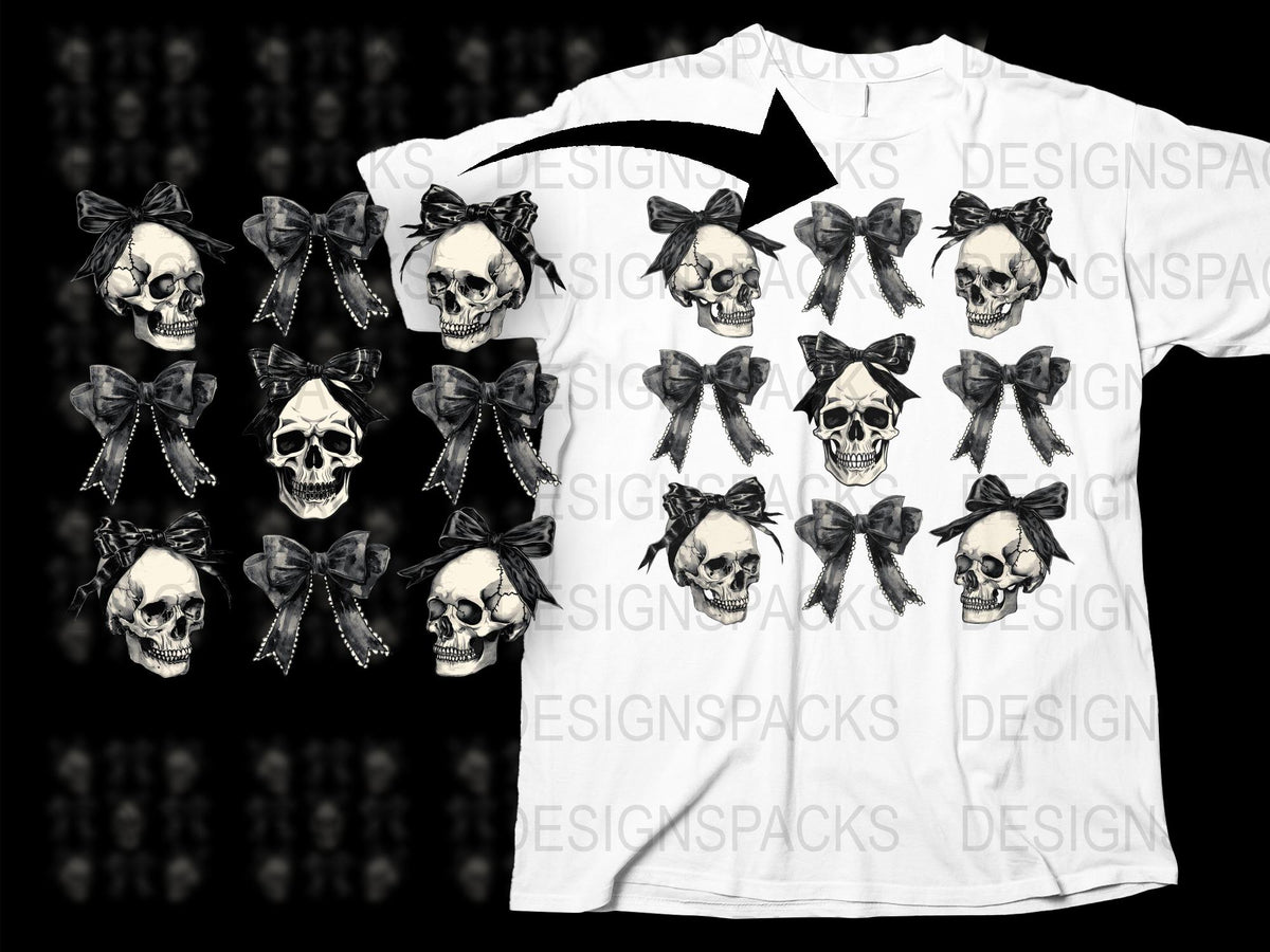 Gothic Skull T-Shirt with Bows, Black and White Horror Graphic Tee, Unisex Punk Style Shirt