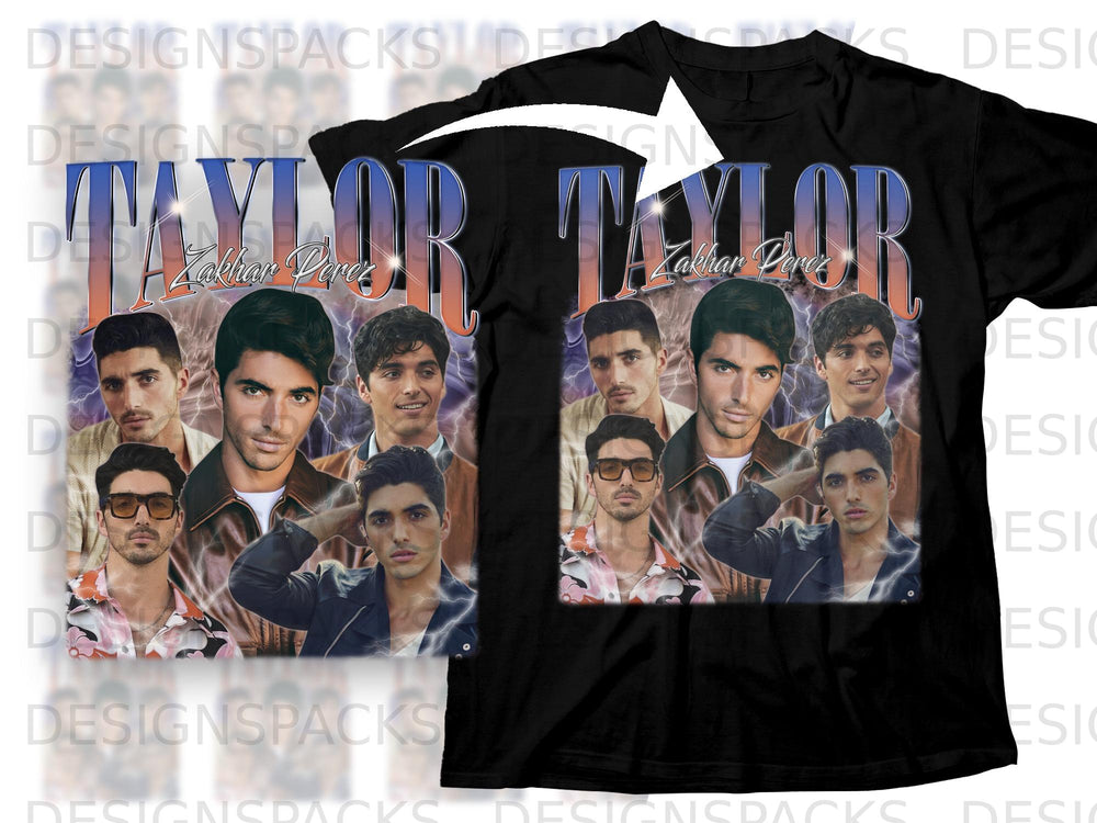 Black t-shirt with "Taylor" and "Zakhar Perez" text over multiple male portraits.