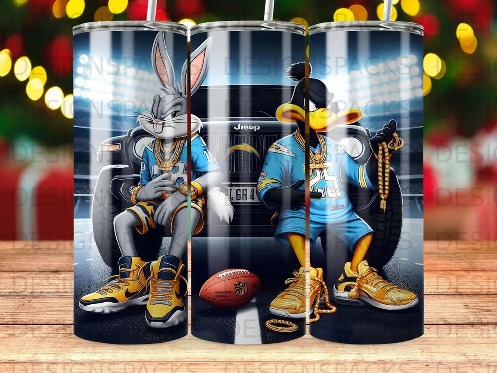 Looney Tunes characters Bugs Bunny and Daffy Duck in Chargers gear with football.