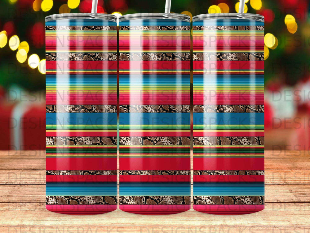 Tumbler with colorful striped pattern and snakeskin accents.
