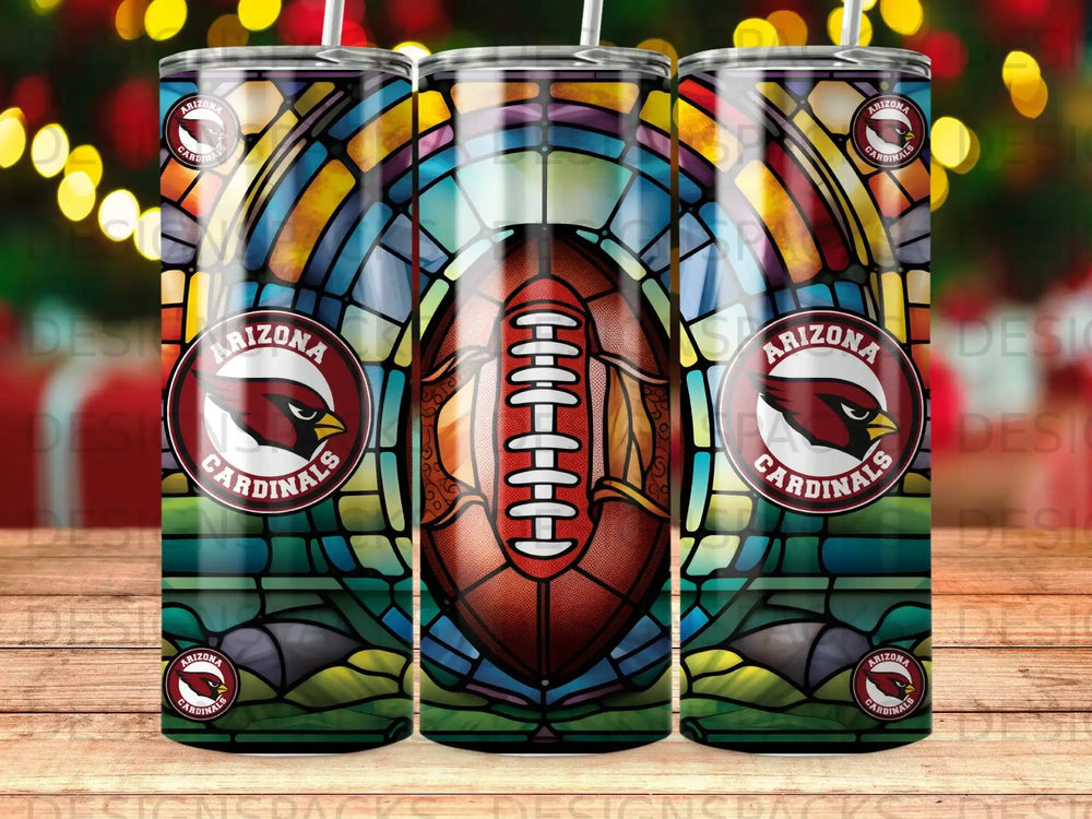 Arizona Cardinals football in stained glass pattern on three tumblers.