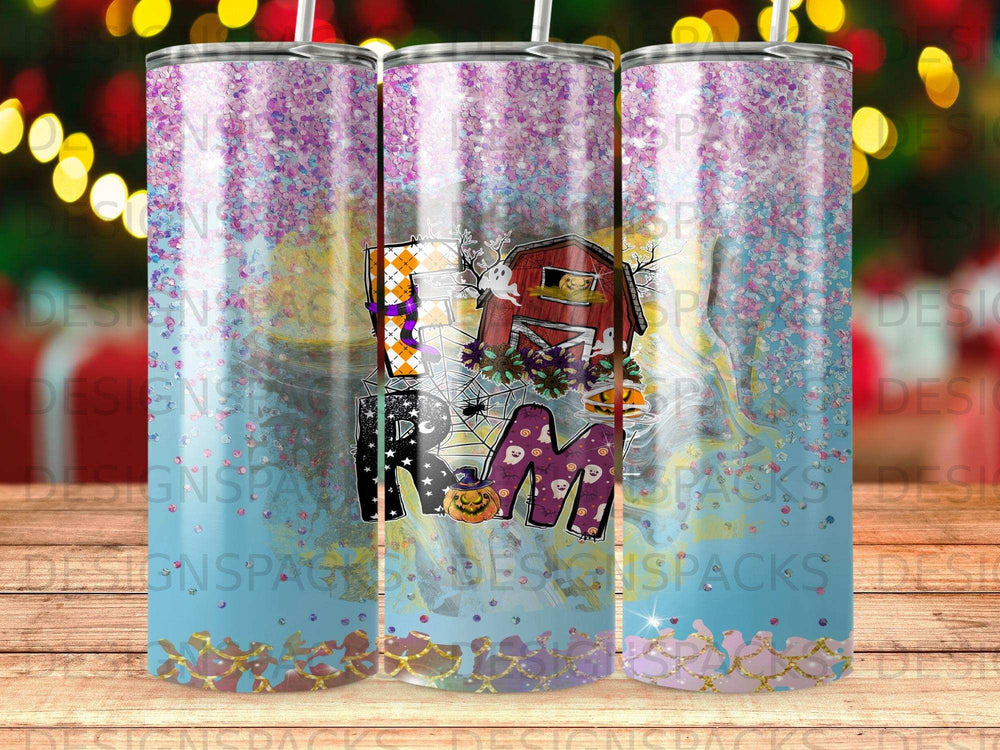 "Happy Halloween" text on a tumbler with farm and spooky designs.