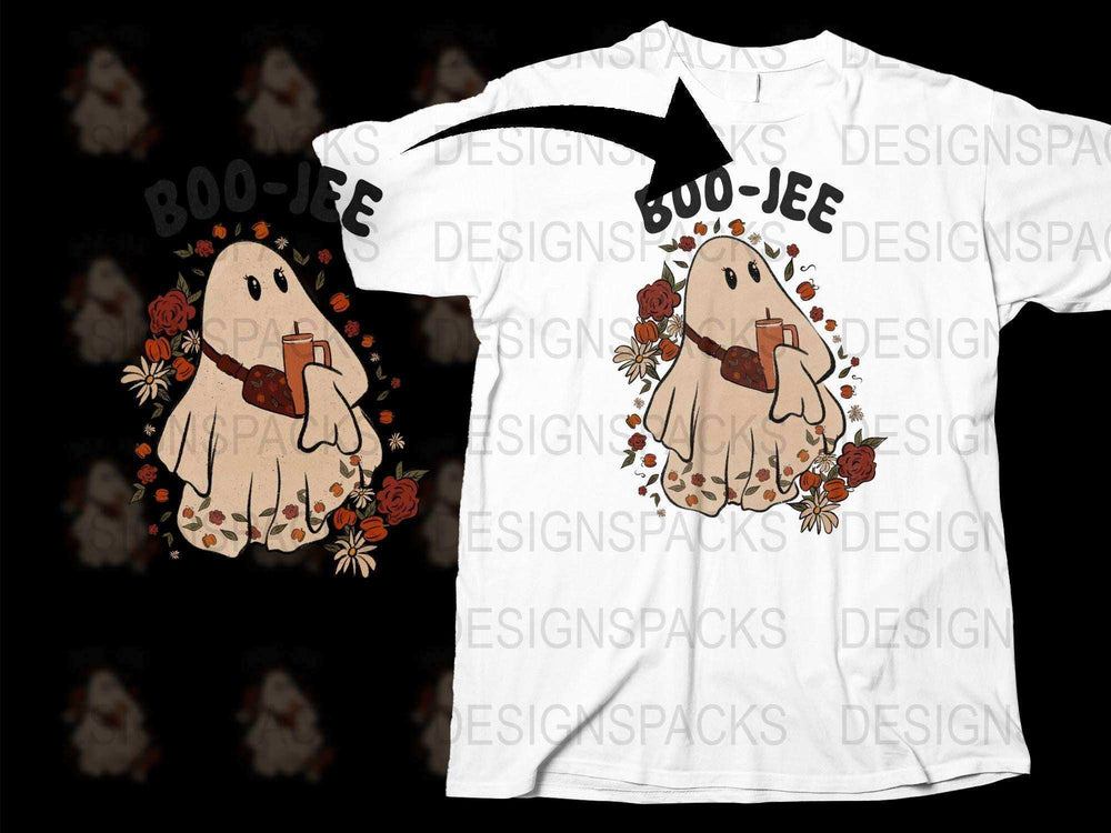 Boo-Jee Ghost T-Shirt, Cute Ghost Halloween Tee, Floral Autumn Design, Soft Cotton Unisex Apparel