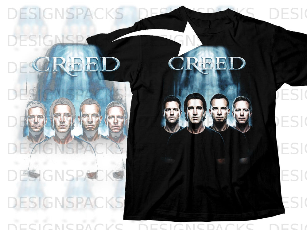 Black t-shirt featuring the band Creed with the band's name above them.