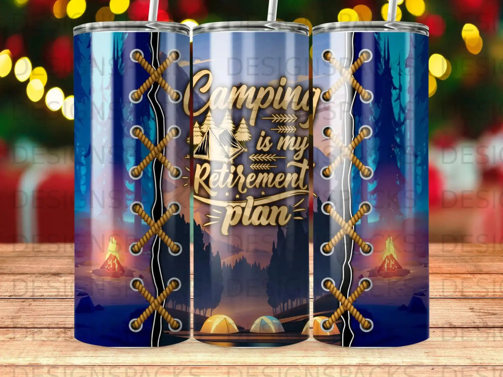 Tumbler with "Camping is my retirement plan" text and a forest scene.