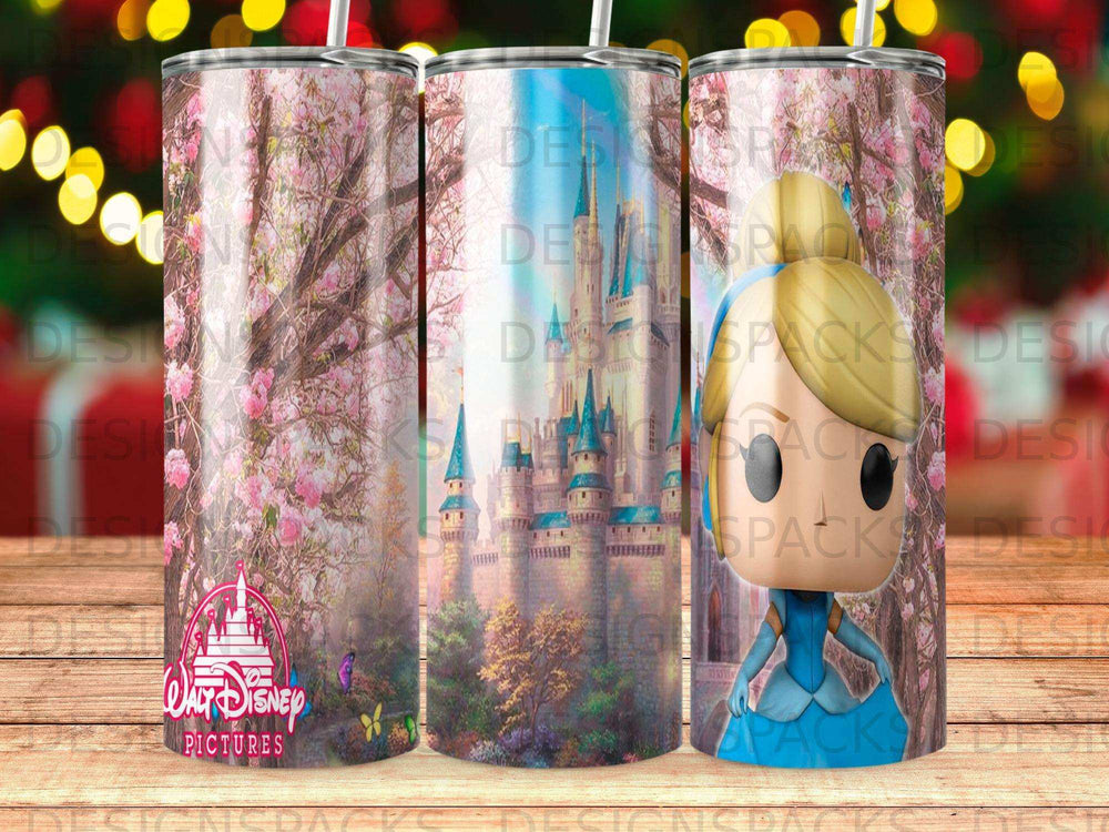 Disney Cinderella tumbler featuring a castle and cherry blossoms.