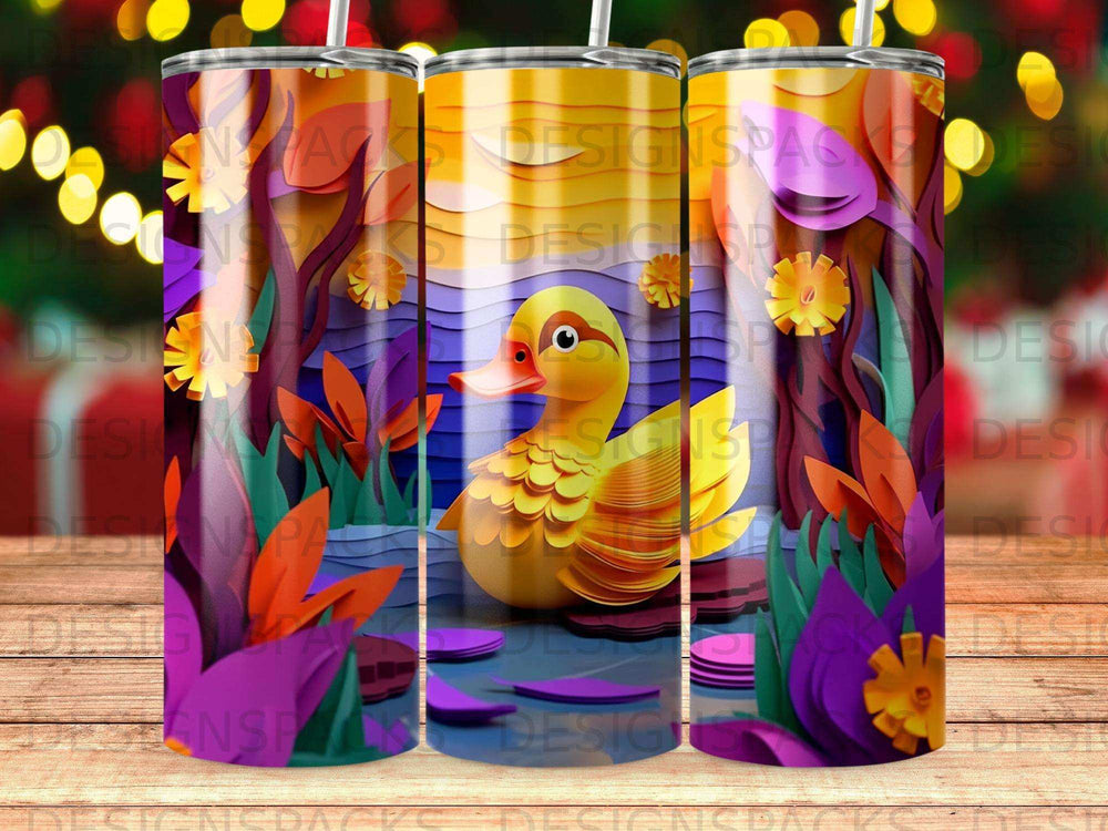 Cute yellow duck surrounded by colorful foliage and water.